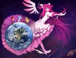  akemi_homura black_hair blackrabbitsoul blonde_hair blue_hair cape dress drill_hair earth highres jinrui_wa_suitai_shimashita kaname_madoka long_hair mahou_shoujo_madoka_magica miki_sayaka multiple_girls parody pink_hair planet ponytail red_hair sakura_kyouko shoes short_twintails spoilers star_(sky) tomoe_mami twin_drills twintails two_side_up ultimate_madoka winged_shoes wings 