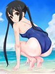  :o ass back bare_arms bare_legs bare_shoulders barefoot beach black_hair blue_sky blue_swimsuit breasts brown_eyes cloud day feet from_behind full_body highres horizon k-on! long_hair looking_at_viewer looking_back nakano_azusa ocean one-piece_swimsuit outdoors parted_lips rasukaru shallow_water shiny shiny_skin shore sky small_breasts solo squatting swimsuit tiptoes twintails wading water 