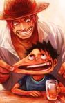 2boys bar black_hair child copyright_name east_blue facial_hair glass hat male male_focus milk monkey_d_luffy multiple_boys one_piece pinch pinching red_hair scar shanks smile straw_hat title_drop tsuyomaru young younger 