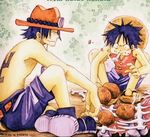  2boys black_hair black_shorts bone brother brothers eating food freckles hat lowres male male_focus meat monkey_d_luffy multiple_boys one_piece portgas_d_ace scar shorts siblings sitting smile tattoo topless vest 