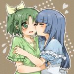  aoki_reika blue_hair blush dress green_eyes green_hair green_shirt hair_tubes kiss long_hair midorikawa_nao multiple_girls one_eye_closed open_mouth ponytail precure prussian_blue shirt short_hair smile_precure! yuri 