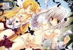  absurdres asia_argento blonde_hair bra closed_eyes high_school_dxd highres long_hair miyama-zero multiple_girls panties short_hair skirt torn_clothes toujou_koneko underwear wavy_mouth white_hair yellow_eyes 