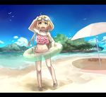  :d ahoge beach beach_umbrella bikini bird blonde_hair blush cloud day frilled_bikini frills futaba_anzu goggles goggles_on_head grey_eyes idolmaster idolmaster_cinderella_girls innertube letterboxed long_hair navel nemeko open_mouth outdoors sky smile solo swimsuit twintails umbrella very_long_hair water 