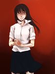  black_hair cracking_knuckles crazy_eyes ishido_natsuo long_hair school_uniform shirt short_sleeves skirt smile solo teppuu tsukino 