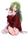  1boy androgynous barefoot blue_eyes flower green_hair heart japanese_clothes kuuko long_hair male male_focus original sitting solo trap 