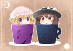  blonde_hair bow brown_eyes brown_hair chibi commentary_request crescent cup hammer_(sunset_beach) hat hat_bow in_container in_cup maribel_hearn multiple_girls outline purple_eyes smile touhou usami_renko 