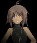  antenna_hair brown_hair dark_skin highres jewelry military miyata_sou muvluv muvluv_alternative muvluv_total_eclipse necklace non-web_source one_eye_closed shirt smile solo tarisa_manandal 