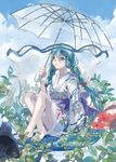  :o aqua_eyes aqua_hair bad_id bad_pixiv_id barefoot braid day fish fishbowl hatsune_miku japanese_clothes long_hair sitting sky solo transparent transparent_umbrella tsukioka_tsukiho twin_braids umbrella vocaloid 