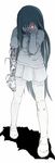  android covering_face damaged glowing glowing_eye highres long_hair monochrome original red_eyes shadow simple_background sketch skirt solo spot_color standing sukabu very_long_hair white_background 