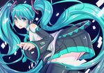  absurdres aqua_hair bad_id bad_pixiv_id detached_sleeves green_eyes hatsune_miku headphones highres leaning_forward long_hair necktie shennai_misha skirt solo thighhighs twintails very_long_hair vocaloid 