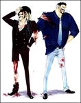  2boys belt black_hair blood blue_shirt duo facial_hair full_body glasses hand_in_pocket hand_on_another's_face hand_on_face hand_on_hip hips injury male male_focus marine monkey_d_garp multiple_boys necktie one_piece sengoku_(one_piece) shirt simple_background standing torn_clothes white_background 