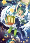  :d angel_wings armpits arms_up box daphine78805 flying gift gift_box green_eyes green_hair happy long_hair open_mouth original ribbon sandals smile star striped striped_legwear vertical-striped_legwear vertical_stripes wings 