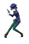  androgynous bad_id bad_pixiv_id cabbie_hat full_body grey_eyes gun handgun hat machinosuke persona persona_4 reverse_trap revolver school_uniform shirogane_naoto short_hair simple_background solo weapon white_background 