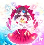  ascot bad_id bad_pixiv_id bow brown_hair bug butterfly covering_one_eye detached_sleeves flower hair_bow hakurei_reimu insect long_hair ofuda red_eyes shino_(mijinko) smile solo touhou wide_sleeves 
