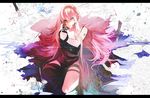  aqua_eyes blue_eyes gun headphones hebi_(yurari) letterboxed long_hair looking_at_viewer megurine_luka pink_hair pointing pointing_at_viewer solo tears thigh_strap very_long_hair vocaloid weapon 