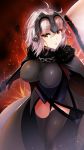  1girl ahoge armor armored_dress bangs black_dress breasts cape chains commentary_request dress eyebrows_visible_through_hair fate/grand_order fate_(series) fiery_background fire flag fur-trimmed_cape fur_collar fur_trim gauntlets headpiece jeanne_d&#039;arc_(alter)_(fate) jeanne_d&#039;arc_(fate)_(all) large_breasts sasakuma_kyouta short_hair signature silver_hair solo thighhighs tsurime yellow_eyes 