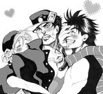  2boys anger_vein battle_tendency bud_(korovsme) family gakuran grandfather_and_grandson grandmother_and_grandson greyscale hat jojo_no_kimyou_na_bouken joseph_joestar_(young) kuujou_joutarou monochrome multiple_boys pushing_away pushing_face scarf school_uniform stardust_crusaders suzi_q time_paradox 