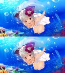  :d bare_legs barefoot bow collarbone coral dress fish flower freediving fujiwara_no_mokou hair_bow hair_flower hair_ornament highres long_hair looking_at_viewer ocean open_mouth purple_eyes revision silver_hair skirt smile solo sundress swimming touhou underwater water white_skirt yuuji_(yukimimi) 