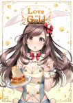 1girl :o animal_ears breasts brown_hair bunny_ears cleavage commentary_request copyright_name english_text eyebrows_visible_through_hair fake_animal_ears food fork highres holding holding_fork holding_plate idolmaster idolmaster_shiny_colors large_breasts light_blush long_hair looking_at_viewer navel pancake pink_eyes plate sakamuke solo tsukioka_kogane upper_body 
