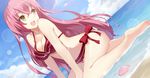  :d bad_id bad_pixiv_id bare_shoulders barefoot beach bikini bow breasts cccpo cleavage cloud day dutch_angle leaning_forward lens_flare long_hair long_legs medium_breasts oda_nobunaga_(sengoku_collection) open_mouth outdoors partially_submerged pink_hair red_bikini sengoku_collection side-tie_bikini sitting sky smile solo swimsuit very_long_hair water yellow_eyes yokozuwari 