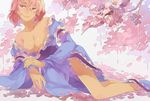  bare_shoulders breasts cherry_blossoms cleavage japanese_clothes kimono large_breasts lying off_shoulder on_side petals pink_hair qiangzi saigyouji_yuyuko short_hair smile solo touhou 