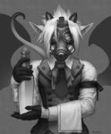  axer bottle clothed clothing dragon gas_mask gloves grey_background grey_eyes greyscale hair horn j_axer looking_at_viewer male monochrome necktie plain_background simple_background solo towel vest waiter white_hair wings 