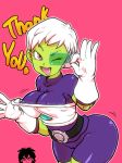  1girl ahegao alien armor ass bouncing_breasts breastplate breasts broly_(dragon_ball_super) chirai curvy dragon_ball dragon_ball_super female gloves green_skin large_breasts moaning naughty_face nipples no_humans pink_background rickert_kai shiny short_hair simple_background white_hair 