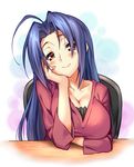  ahoge arm_support blue_hair blush breasts brown_eyes cleavage hand_on_own_face idolmaster idolmaster_(classic) large_breasts long_hair looking_at_viewer miura_azusa piromizu red_eyes sitting smile solo white_background 