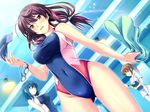  aqua_eyes blue_hair brown_hair competition_swimsuit covered_navel game_cg goggles goggles_removed green_scrunchie long_hair marushin_(denwa0214) multiple_girls one-piece_swimsuit ponytail purple_eyes red_hair scrunchie shinohara_katsumi supokon!_sports_wear_complex swimsuit towel wet 