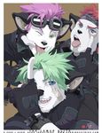  band-aid bandage black_nose blue_eyes clothing eyewear feline fingerless_gloves fur gear gloves goggles green_eyes green_hair hair j_axer looking_at_viewer male mammal one_eye_closed pink_hair red_hair sticking_plaster tongue tongue_out white_fur 