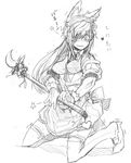  alternate_costume animal_ears bow embarrassed gloves greyscale heizen_(sigama) kneeling magical_girl maid_headdress monochrome necktie pixiv_fantasia pixiv_fantasia_5 scar sigama sketch staff trembling wolf_ears 