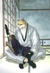  bleach blind canine couple duo gloves human japanese_clothing male mammal sajin_komamura sitting socks tea tousen_kaname wolf yukata 