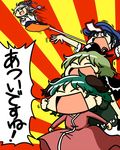  animal_ears bad_id bad_pixiv_id beret blue_hair closed_eyes dress flying green_dress green_hair hat japanese_clothes kariginu kasodani_kyouko long_hair long_sleeves miyako_yoshika mononobe_no_futo multiple_girls o_o ofuda open_mouth ponytail short_sleeves silver_hair soga_no_tojiko surfing tate_eboshi touhou translation_request tsunamayo wide_sleeves 