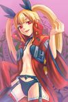  blazblue blonde_hair garter_straps hair_ribbon long_hair masa_tarou open_clothes open_mouth open_shirt panties rachel_alucard red_eyes ribbon shirt solo twintails underwear 