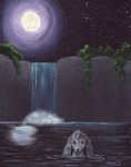  black_eyes black_nose canine dog female full_moon karja looking_at_viewer mammal moon night outside painting poodle scenery star swimming water waterfall 