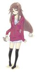  boots brown_eyes brown_hair cardigan comic highres hood hoodie knee_boots long_hair looking_at_viewer original pigeon-toed simple_background solo standing travo white_background 