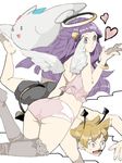  1girl alternate_costume angel angel_wings ass blonde_hair demon gen_4_pokemon hair_ornament heart hikari_(pokemon) jun_(pokemon) kiss long_hair open_mouth panties pokemon pokemon_(creature) pokemon_(game) pokemon_dppt purple_hair rotasu tegaki thighhighs togekiss underwear wings wristlet 