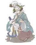  2girls beard blue_hair blush child closed_eyes daruia_(sabitare) facial_hair ghost hair_ribbon hat hitodama japanese_clothes konpaku_youki konpaku_youki_(ghost) konpaku_youmu konpaku_youmu_(ghost) long_skirt long_sleeves mononobe_no_futo multiple_girls red_eyes ribbon short_hair silver_hair skirt tate_eboshi touhou white_hair wide_sleeves 