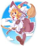  apron bad_id bad_pixiv_id blonde_hair blue_eyes bow braid broom hair_bow hat hat_bow kirisame_marisa long_sleeves open_mouth pantyhose puffy_sleeves short_hair side_braid single_braid solo star touhou usamata white_bow witch_hat 