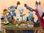  4girls alcohol alternate_costume animal_ears armor beer beer_mug blonde_hair blue_eyes blue_hair bottle bow bracelet bucket chicken_(food) clams closed_eyes cup extra_ears feast feathers flower food fujiwara_no_mokou glass glasses hair_bow hair_ornament hat holding holding_cup japanese_armor jewelry kamishirasawa_keine long_sleeves morichika_rinnosuke mouse_ears multiple_girls nazrin onion open_mouth outstretched_arms oyster plate rose salad sekaiju_no_meikyuu short_hair shoulder_armor silver_hair sleeveless smile sode sweatdrop table tomato toramaru_shou touhou vambraces wine yellow_eyes yoshiharu_(ryoji) 