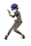  androgynous bad_id bad_pixiv_id cabbie_hat full_body grey_eyes gun handgun hat machinosuke persona persona_4 reverse_trap revolver school_uniform shirogane_naoto short_hair simple_background solo weapon white_background 