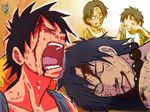  2boys bandage bandaid black_hair blood brother brothers child crying death dual_persona freckles hat hat_removed headwear_removed jewelry male male_focus marineford monkey_d_luffy multiple_boys necklace one_piece open_mouth portgas_d_ace scar shirt siblings smile straw_hat t-shirt vest young younger 