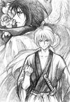  bud_(korovsme) cape graphite_(medium) greyscale hiko_seijuurou himura_kenshin japanese_clothes kimono long_hair male_focus monochrome multiple_boys ponytail rurouni_kenshin sword traditional_media weapon 