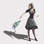  bouquet breasts brown_eyes brown_hair cleavage corset cropped_jacket dress flower hair_ornament highres medium_breasts original outstretched_arm pantyhose short_hair simple_background solo standing travo 