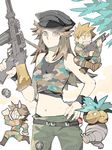  2boys alternate_costume belly blue_(pokemon) brown_eyes brown_hair chibi exeggutor gen_1_pokemon gun multiple_boys ookido_green poke_ball pokemon pokemon_(creature) pokemon_(game) pokemon_frlg red_(pokemon) red_(pokemon_frlg) rotasu soldier tegaki weapon 