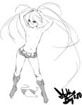  bikini_top bikini_top_removed black_rock_shooter black_rock_shooter_(character) boots eu03 flat_chest greyscale hands_in_hair knee_boots long_hair monochrome navel nipples shorts sketch solo topless twintails very_long_hair 