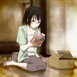  2012 artist_name bad_id bad_pixiv_id box cardboard_box casual commentary_request dated extra glasses hair_down hashiribe_akira k-on! k-on!_movie miyamoto_akiyo signature sitting smile solo wariza 