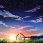  ahoge arm_up cloud dress green_hair hatsune_miku long_hair md5_mismatch night night_sky ocean open_mouth outstretched_arm pigeon-toed sky solo star_(sky) starry_sky sunset tom_(drpow) twilight twintails very_long_hair vocaloid waving 
