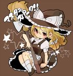  apron blonde_hair bow broom brown brown_background hat hat_bow kirisame_marisa long_hair picohebi puffy_sleeves red_eyes short_sleeves simple_background smile solo star touhou witch_hat 