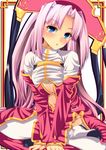  amasora_taichi blue_eyes blush breasts crossed_legs feet hat indian_style koihime_musou large_breasts long_hair looking_at_viewer midriff navel open_mouth pink_hair sitting sonken very_long_hair 